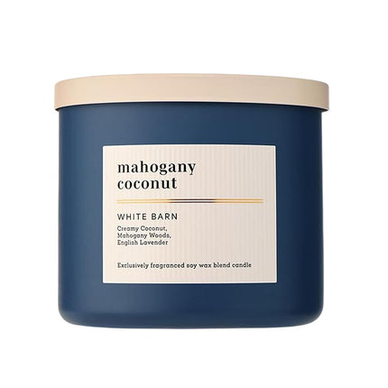 Bath and Body Works, White Barn 3-Wick Candle w/Essential Oils - 14.5 oz - 2021 Core Scents! (Mahogany Coconut)