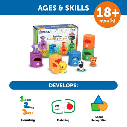 Learning Resources Peekaboo Learning Jungle Toddler,10 Pieces, Ages 18 Months+, Learning Baby, Educational, Fidget Toys, fine Motor Skills