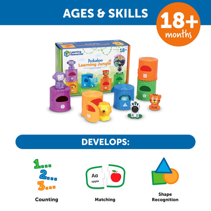 Learning Resources Peekaboo Learning Jungle Toddler,10 Pieces, Ages 18 Months+, Learning Baby, Educational, Fidget Toys, fine Motor Skills