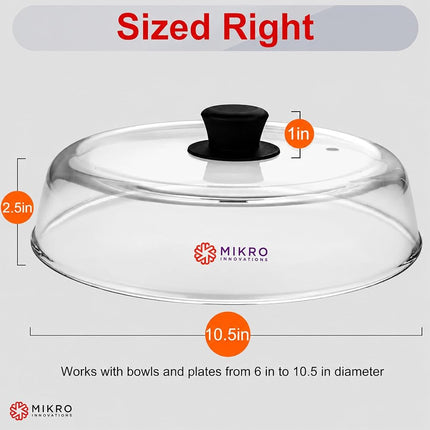 Microwave Glass plate cover for food - Sturdy Borosilicate glass splatter guard with vent hole - 100% Food Safe BPA free Easy Grip Silicone Knob and Dishwasher safe - 10.5in