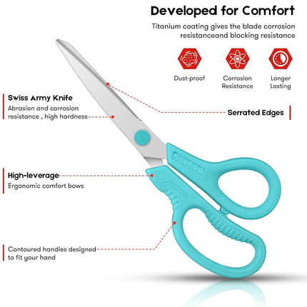 Scissors, Niutop 8" All Purpose Scissors Ergonomic Comfort Grip Craft Shears Sharp Scissors for Office Home Household Sewing School Students Older Kids Scissor Supplies, Black/Grey/Aqua, 3-Pack