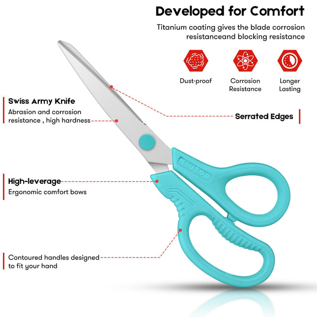 Scissors, Niutop 8" All Purpose Scissors Ergonomic Comfort Grip Craft Shears Sharp Scissors for Office Home Household Sewing School Students Older Kids Scissor Supplies, Black/Grey/Aqua, 3-Pack