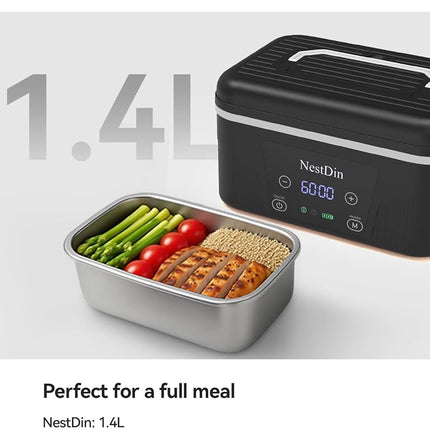 NestDin Cordless Heated Lunch Box: 1.4L Electric Lunch Box with Battery Powered - Custom Heating Time and Preset Heating Function for Adult - Portable Food Warmer for Office, Travel, Outdoor