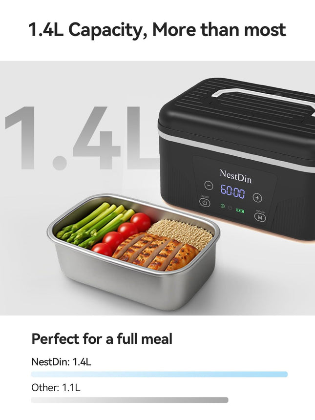 NestDin Cordless Heated Lunch Box: 1.4L Electric Lunch Box with Battery Powered - Custom Heating Time and Preset Heating Function for Adult - Portable Food Warmer for Office, Travel, Outdoor