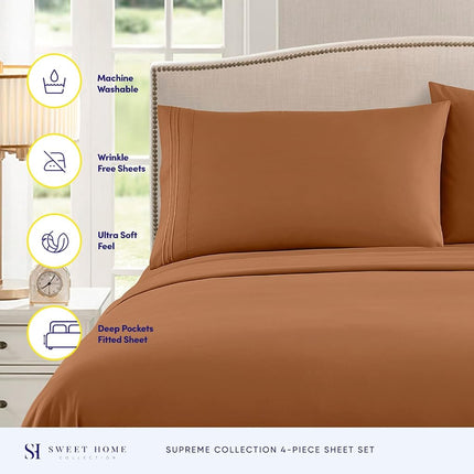 Sweet Home Collection Luxury Bedding Set with Flat, Fitted Sheet, 2 Pillow Cases, Find Double Brushed Microfiber, Mocha, Full