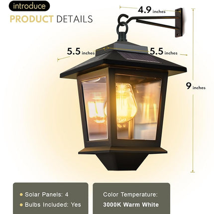 2 Pack Solar Wall Lanterns with Replaceable Bulb, Outdoor Hanging Solar Lights with 4 Solar Panels, Dusk to Dawn Led Outdoor Wall Sconce, Anti-Rust Waterproof Wall Lanterns with Hooks