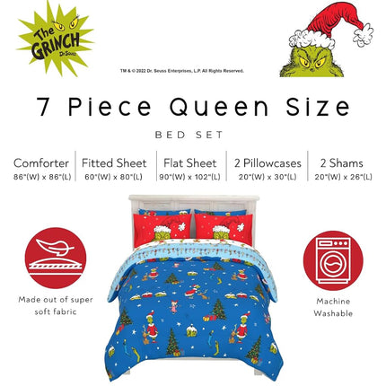 Franco The Grinch by Dr. Seuss Holiday Bedding Super Soft Comforter and Sheet Set with Sham, 7 Piece Queen Size by