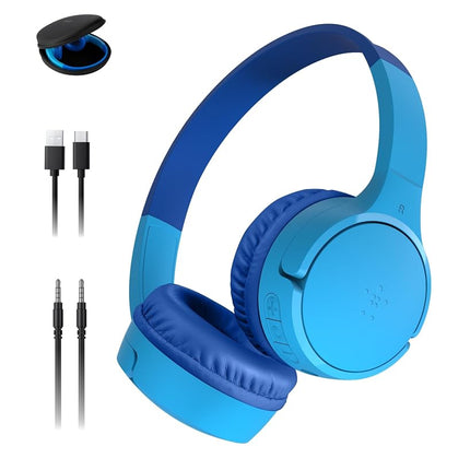 Belkin SoundForm Mini - Wireless Bluetooth Kids Headphones, 30H Battery, 85dB Safe Volume Limit, Built-in Microphone - Toddler On-Ear Earphones for iPhone, iPad - Ideal for School - Blue w/Case
