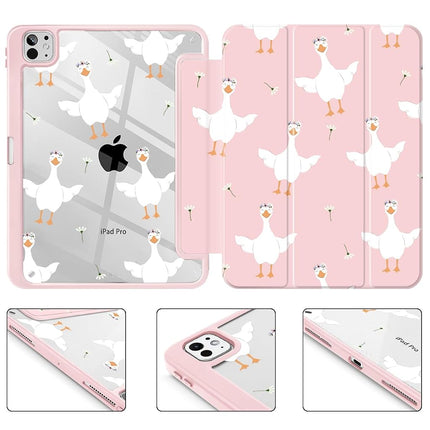May Chen for iPad Pro 13 Inch Case M5 2025 / M4 2024, Built Pencil Holder & Clear Transparent Print Back Shell Slim Stand Shockproof Tablet Cover, Auto Wake/Sleep, Goose Flower