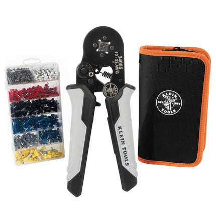 Klein Tools 34060 Ferrule Crimping Tool Set with Ratcheting Square Crimper Pliers, 1200 Wire Terminals (10-22 AWG), and Soft Carrying Case for Electrical Applications