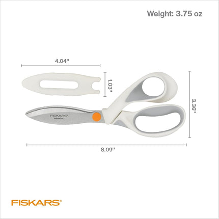 Fiskars SoftGrip PowerCut Fabric and Mixed Media Scissors - 8" Heavy Duty Scissors for Fabric, Cardboard, Cork, Decorative Metal and Foam Cutting with Serrated Blade Edge - White