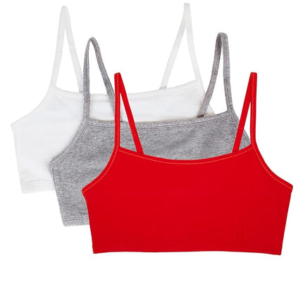 Fruit of the Loom Women's Spaghetti Strap Cotton Sports Bra, Red Hot/White/Grey Heather, 32 (Pack of 3)