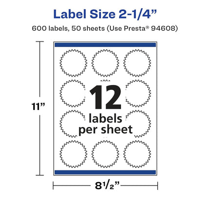 Étiquettes Avery brillantes blanches en forme d'étoile avec Sure Feed, 5,7 cm, 600 étiquettes brillantes blanches, impression bord à bord, adhésif permanent, étiquettes imprimables laser/jet d'encre