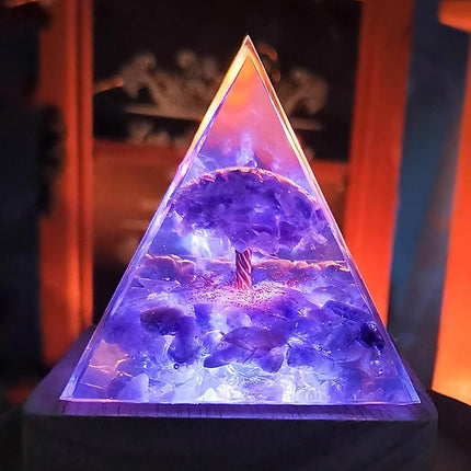 XQIGI Orgonite Amethyst Pyramid with Light Base fo