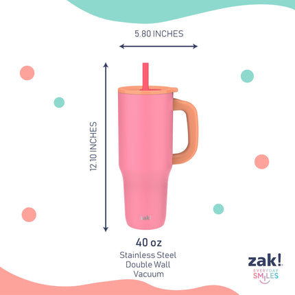 Zak Designs Sutton Travel Tumbler for On The Go, 40oz Stainless Steel with Vacuum Insulation, Silicone Straw, and Carry Handle for Cold Drinks (So Sweet Pink)