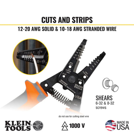 Klein Tools 11055RINS 1000V Insulated Klein Kurve Wire Stripper/Cutter Cuts and Strips 10-18 Solid and 12-20 Stranded AWG Wire, Orange