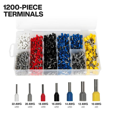 Klein Tools 34060 Ferrule Crimping Tool Set with Ratcheting Square Crimper Pliers, 1200 Wire Terminals (10-22 AWG), and Soft Carrying Case for Electrical Applications