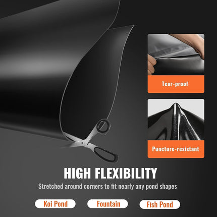 VEVOR Revestimiento para Estanques de 4.5 x 6 m, Grosor de 45 mil, Material EPDM Plegable y Duradero, Subyacente Fácil de Cortar para Peces o Carpas Koi, Cascadas, Fuentes, Jardines Acuáticos, Negro