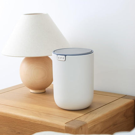 EKO 1.5L Mini Desk Bin with Swing-Top Lid,Small Round Tabletop Rubbish Bin and Storage Pot for Stationery, Makeup and Small Waste, Desktop Bin for Office, Home or Car (White)
