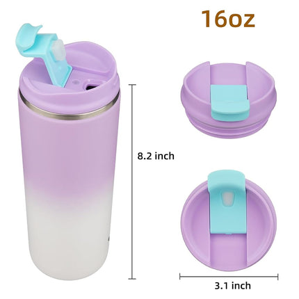 Konokyo Tumbler with Lid, 16 oz Travel Coffee Mug Double Wall Vacuum Stainless Steel Thermal Metal Cup Insulated Water Bottle,PurpleWhite