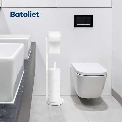 Toilet Paper Holder Stand,Toilet Paper Holder Free Standing,White Toilet Paper Roll Holder for 4 Rolls,Bathroom Toilet Paper Holder with Storage