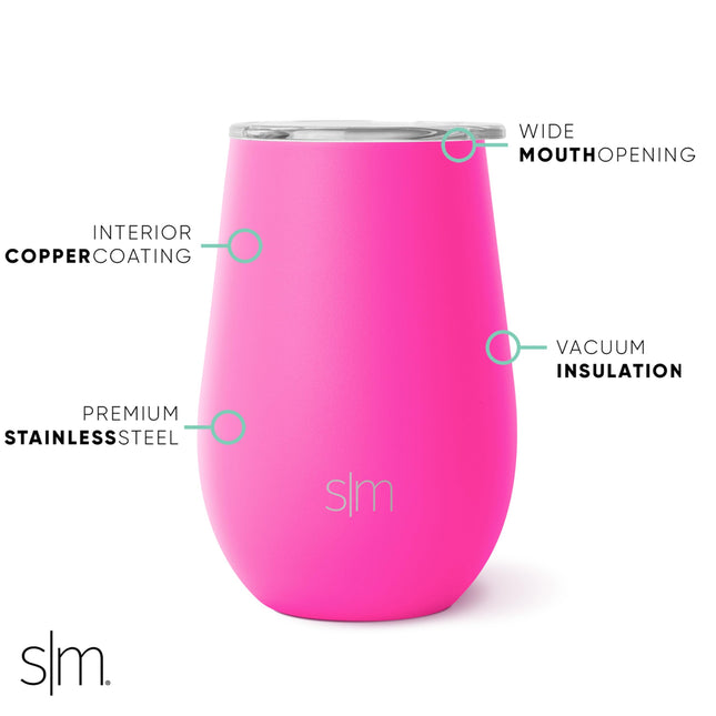 Vaso de vino moderno simple con tapa | Bonita copa sin tallo con tapa a presión | Taza de café de acero inoxidable aislada | Regalos para mujeres, hombres, él y ella | Colección Spirit | 350 ml | Raspberry Vibes