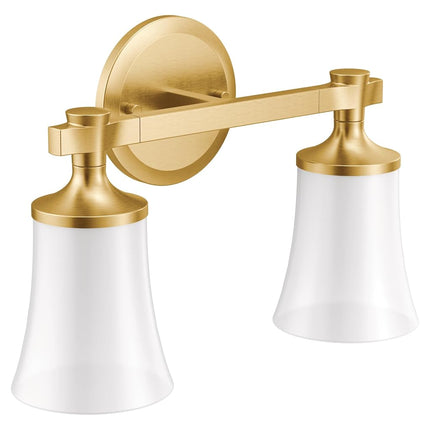 Moen YB0362BG Flara Lámpara de tocador de baño de montaje doble de 2 luces con vidrio esmerilado, oro cepillado