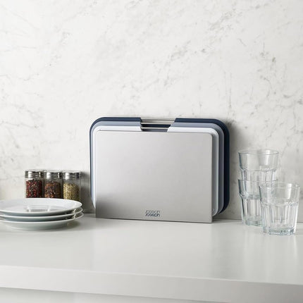 Joseph Joseph Nest 3 Piece Colour coded Chopping Board Set With Storage Stand, Regular - Grey/Blue, Medium