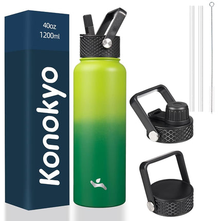 Konokyo Insulated Water Bottle with Straw,40oz 3 Lids Metal Bottles Stainless Steel Water Flask,Bamboo Grove