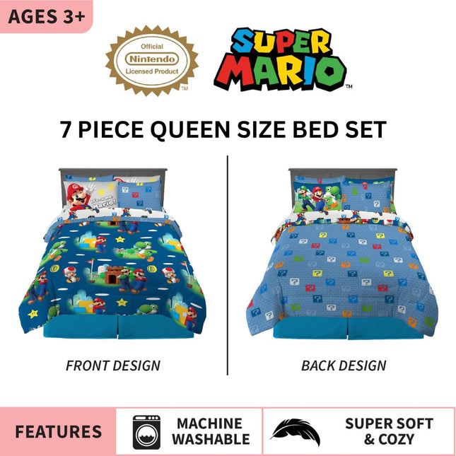 Franco Super Mario Bros. Ropa de Cama Infantil Juego de Edredón y Sábanas Súper Suaves con Funda de Almohada, Tamaño Queen de 7 Piezas, (Producto Oficial con Licencia)