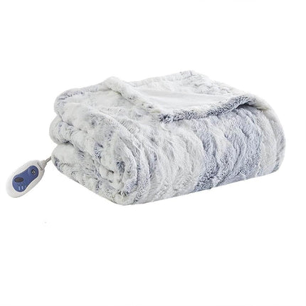 Beautyrest Zuri Reversible Faux Fur to Mink Electric Blanket, Auto Shut Off, Virtually Zero EMF, Multi Heat Setting, UL Certified, Machine Washable, Grey/Blue Throw 50x70