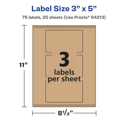 Avery Kraft Brown Rectangle Labels with Sure Feed, 3" x 5", 75 Kraft Brown Labels, Print-to-The-Edge, Laser/Inkjet Printable Labels