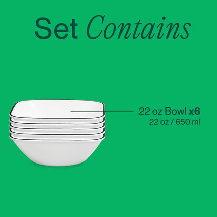 Corelle Vitrelle 6-Piece (22-Oz) Cereal Soup Bowls, Triple Layer Glass and Chip Resistant, Lightweight Square Dinnerware Bowl Set, Simple Lines
