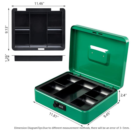 KYODOLED Metal Cash Box with Combination Lock Money Box for Cash Safe Metal Box with Money Tray for Security Lock Box 11.81"x 9.45"x 3.54" Green X Large