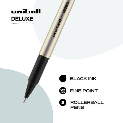 Uniball Deluxe 0.7mm Fine Point Rollerball Pen, 3 Black - Smooth Writing, Waterproof Ink, Office Supplies, Ballpoint Pen