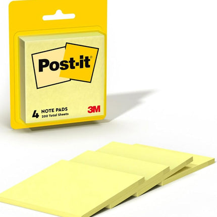 Post-it Notes, 3x3 in, 4 Pads, Canary Yellow, Clean Removal, Recyclable