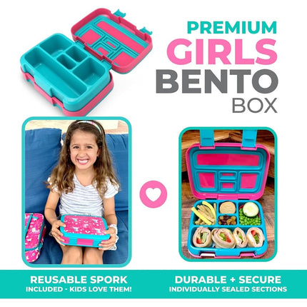 Unicorn Bento Lunch Box for Girls Toddlers, 5 Portion Control Sections, BPA Free Removable Plastic Tray, Pre-School Kid Toddler Daycare Lunches, Cute Snack Container Ages 3 to 7 Pink…