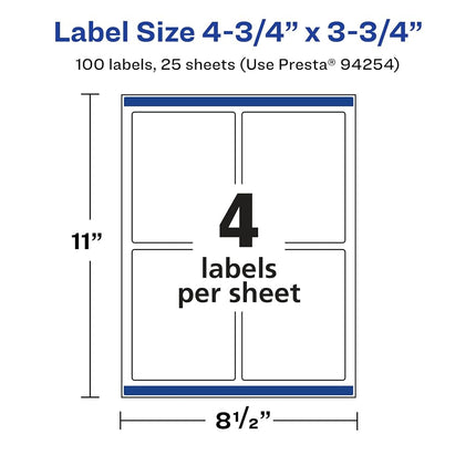 Avery Matte White Rectangle Labels, Sure Feed Technology, 4.75" x 3.75", 100 Matte White Printable Labels