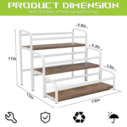 Estante de jarabe de café de 3 niveles para encimera, soporte para jarabe de 12 botellas de gran capacidad con estante de madera y marco de metal para barra de café, estación organizadora de café blanca premium/botellero para almacenamiento de cocina