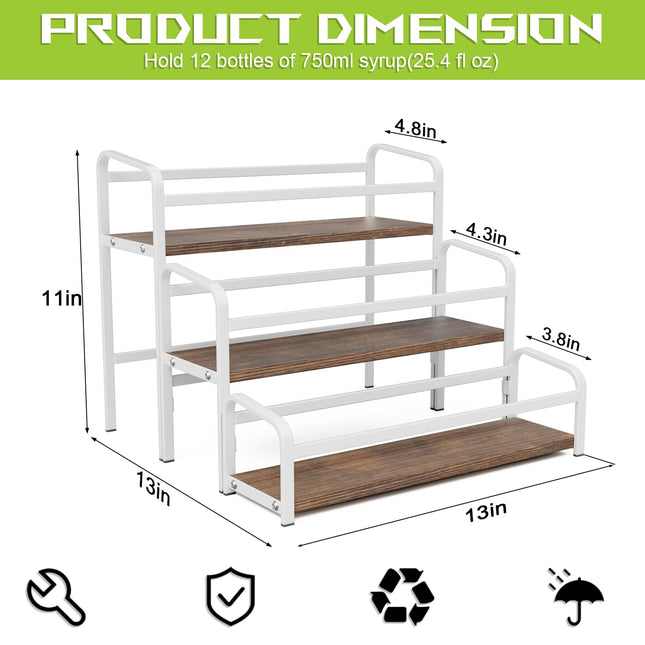 3-Tier Coffee Syrup Rack for Countertop, Large Capacity 12-Bottles Syrup Stand with Wood Shelf & Metal Frame for Coffee Bar, Premium White Coffee Organizer Station/Wine Rack for Kitchen Storage