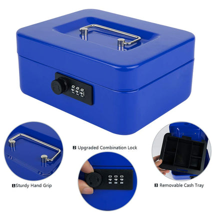 KYODOLED Cash Box with Combination Lock,Safe Metal Box for Money,Storage Lock Box with Money Tray,7.87"x 6.30"x 3.54" Blue Medium