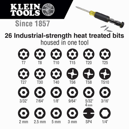 Klein Tools 32307 Destornillador de seguridad de puntas múltiples, herramienta 27 en 1 con puntas Torx, hexagonales, Torq y Spanner con desarmador de caja de 1/4''