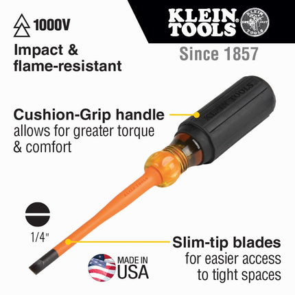 Klein Tools 6924INS 1000V Slim Tip Insulated Screwdriver, 4-Inch Round Shank, 1/4-Inch Cabinet Tip, Cushion Grip Handle