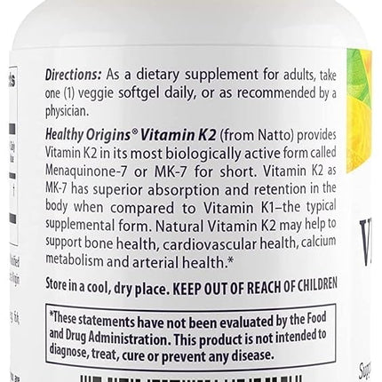 Healthy Origins Vitamin K2 As MK-7 Supplement, 100 mcg, 60 Count