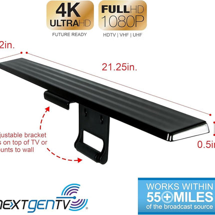 GE Amplified HD TV Antenna, Easy Mount to Top of TV Design, Supports 4K 1080P Digital HDTV VHF UHF, Long Range, Included Amplifier Signal Booster, AC Adapter, and 5 ft. Coax, Indoor, 37075
