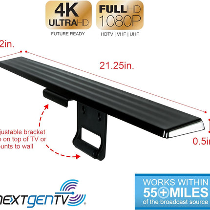 Antena de TV HD amplificada GE, diseño de fácil montaje en la parte superior del televisor, compatible con HDTV digital 4K 1080P VHF UHF, largo alcance, amplificador de señal incluido, adaptador de CA y cable coaxial de 5 pies, para interiores, 37075
