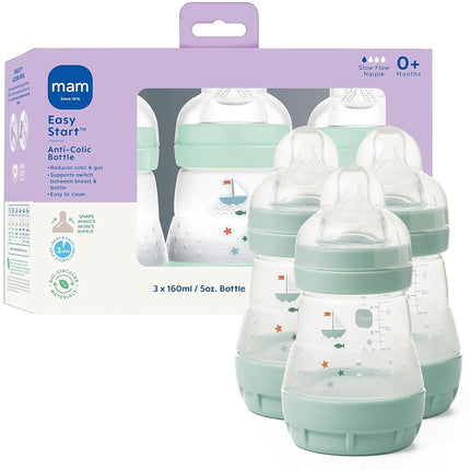 MAM Easy Start Anti-Colic Bottle 5 oz (3-Count), Baby Essentials, Slow Flow Bottles with Silicone Nipple, Baby Bottles for Baby Boy, Blue