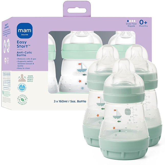 MAM Easy Start Anti-Colic Bottle 5 oz (3-Count), Baby Essentials, Slow Flow Bottles with Silicone Nipple, Baby Bottles for Baby Boy, Blue