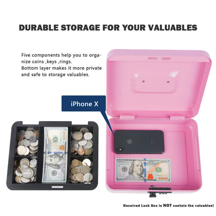 Kyodoled Large Cash Box with Combination Lock,Safe Metal Money Box with Money Tray for Security Lock Box 9.84"x 7.87"x 3.54" Pink Large