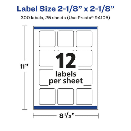 Avery Glossy White Square Labels with Sure Feed, 2-1/8" x 2-1/8", 300 Glossy White Labels, Print-to-The-Edge, Permanent Label Adhesive, Laser/Inkjet Printable Labels